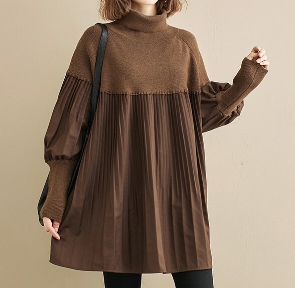 レディースニット ボンドタートル 長袖 プリーツ 秋冬物 チュニック アクリル プリーツチュニック
