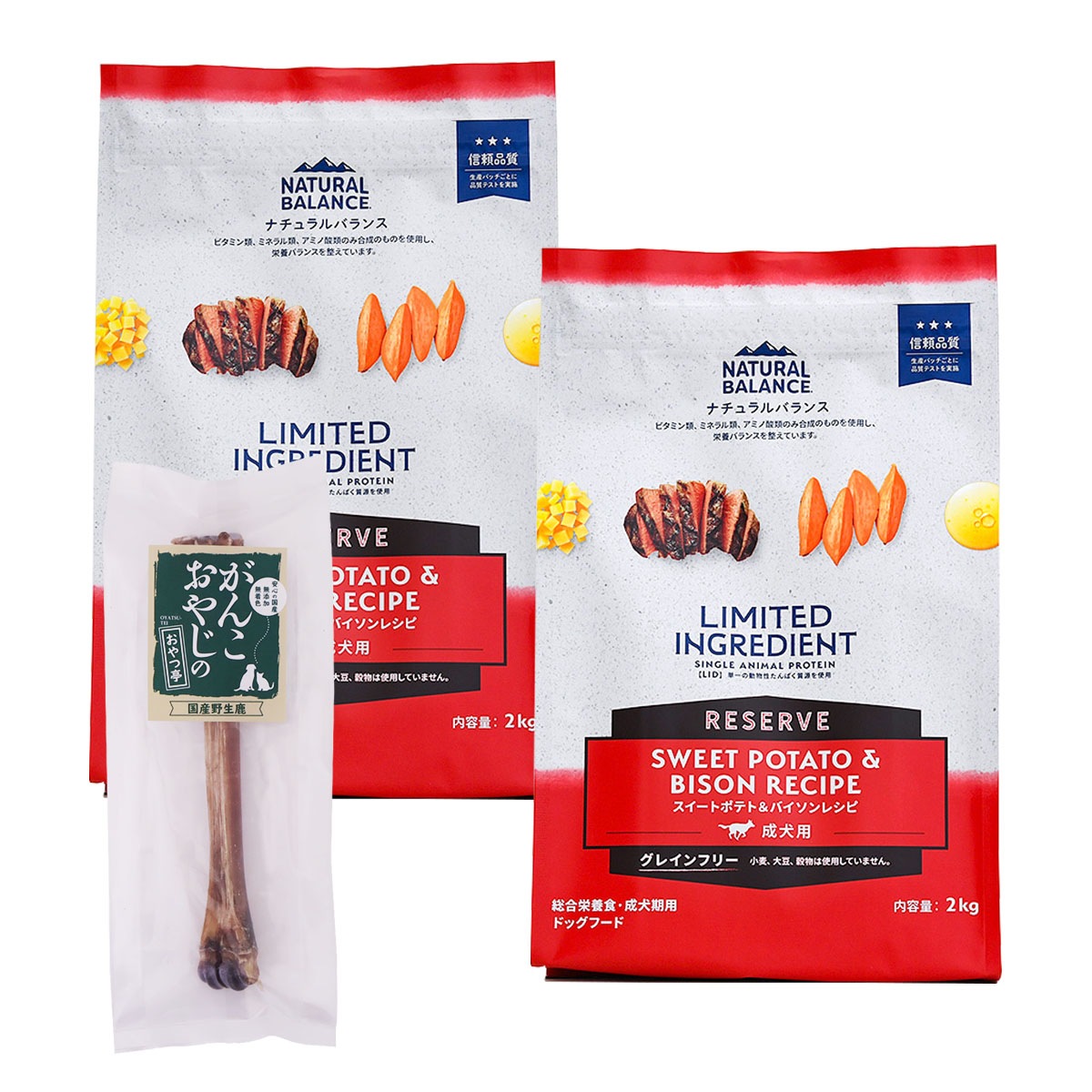 LIDグレインフリー 成犬用 スイートポテト&バイソン 2kg×2袋【国産鹿デンタルボーン 1本付き】