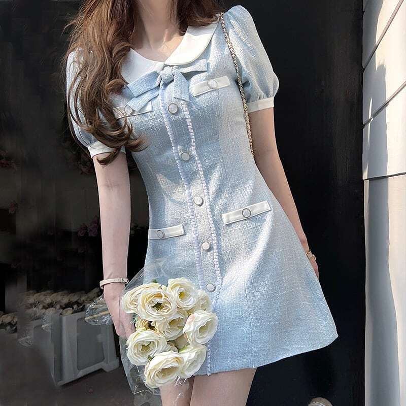 ワンピース ドレス リボン ブルー ツイード 襟付き パフスリーブ ミニワンピ お呼ばれ パーティー フォーマル 結婚式 大人可愛い ママコーデ ママファッション 韓国系