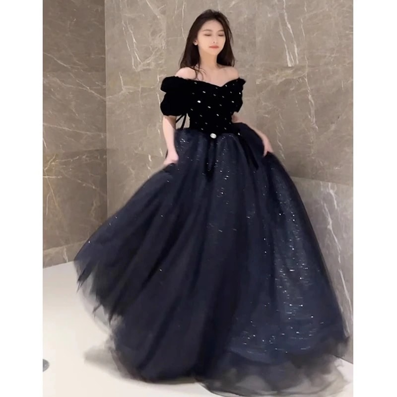 2025新しいニッチワンショルダーブラックパフドレス ンピース ロング 入学式 宴会 結婚式 ドレス パーティードレス お呼ばれ 披露宴