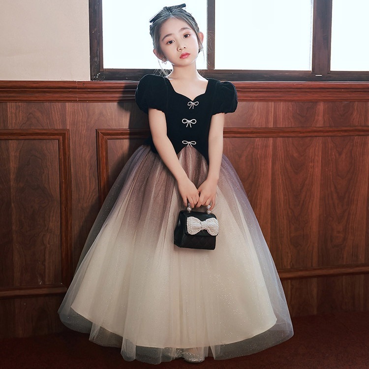 子供ドレス 黒 グラデーション オシャレ ピアノ発表会ドレス ロングドレス ブラック ベロア ベルベット チュール 女児ドレス 演奏会ドレス フォーマル パフスリーブ プリンセスドレス リボン 可愛い