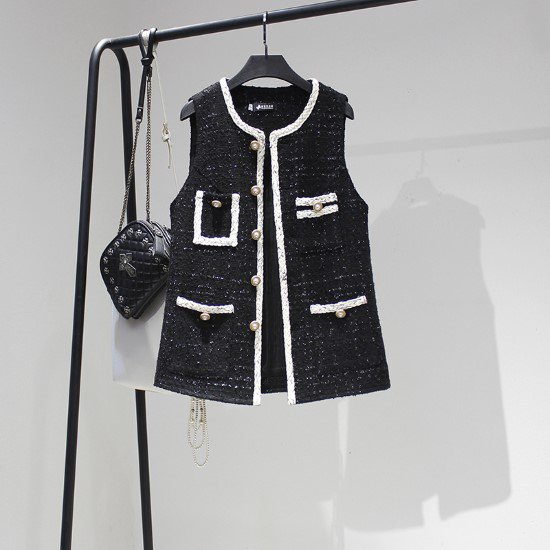 【取寄：納期2週間】ベスト レディース 羽織 ノースリーブ コントラストカラー パイピング カジュアル お出掛け きれいめ おしゃれ ラウンドネック パールボタン 黒 ブラック 重ね着