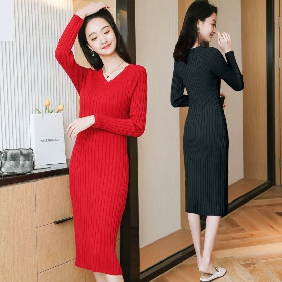 【取寄：納期2週間】ニットワンピース レディース ワンピース ニット ひざ丈ワンピース Ｖネック 長袖 シンプル 無地 リブニット 秋冬 プルオーバー スリムフィット カジュアル お出掛け