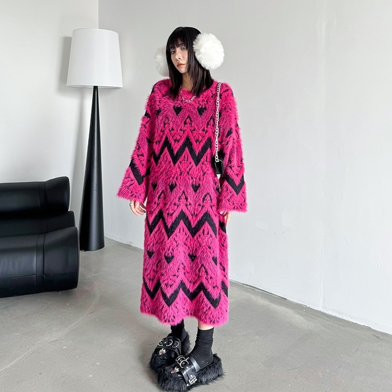 【J.Fashion】 ニットワンピース ローズピンク ロングニット おしゃれ レディース 関連商品購入可能 メガ割