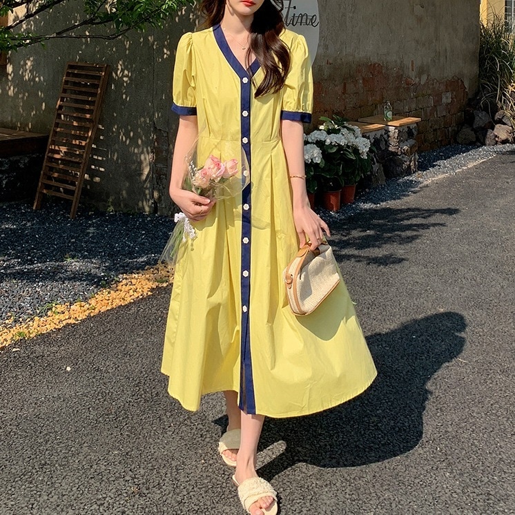 個性的 春服 夏服 バイカラー シャツ ワンピ レディース ワンピース ミモレ ロング 袖あり 半袖 パフスリーブ セミフレア タイト インスタ映え SNS 映え 流行 トレンド 高見え 海