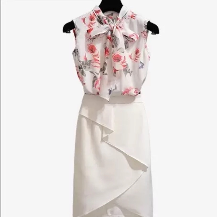 ワンカラー スカート セットアップ 夏 きれいめ レディース タイトスカート 上下セット ツーピース 膝上 花柄 フラワー ハイウエスト ファスナー リボン 透け感 アシンメトリー かわいい 大人可愛