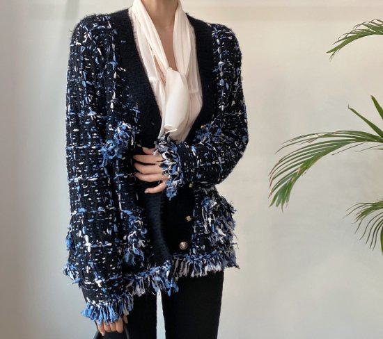 カーディガン レディース 長袖 ツイードトップス ツイードカーディガン ツイードニットカーディガン ニット フリンジ 羽織り おしゃれ 上品 かわいい 大人可愛い エレガント パールボタン デート ブ