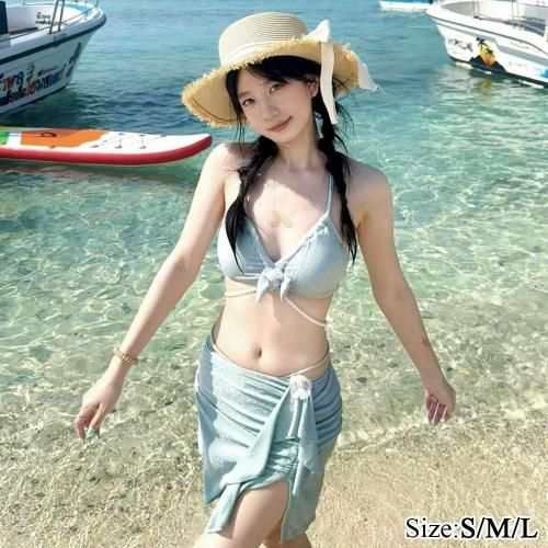水着 レディース ビーチウェア スイムウェア 流行 海 プール ビキニ ストリング スリット フェミニン パール ビキニ 体形カバー ブルー S M L ビキニ