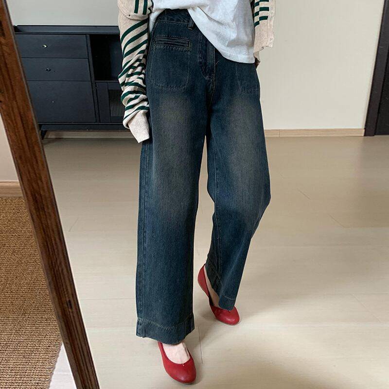 2color レディース ボトムス パンツ ワイドパンツ デニムワイドパンツ デニム ストレート 無地 ハイウエスト 華奢見え アウトポケット カジュアル 大人カジュアル ガーリー きれいめ 上品 グ
