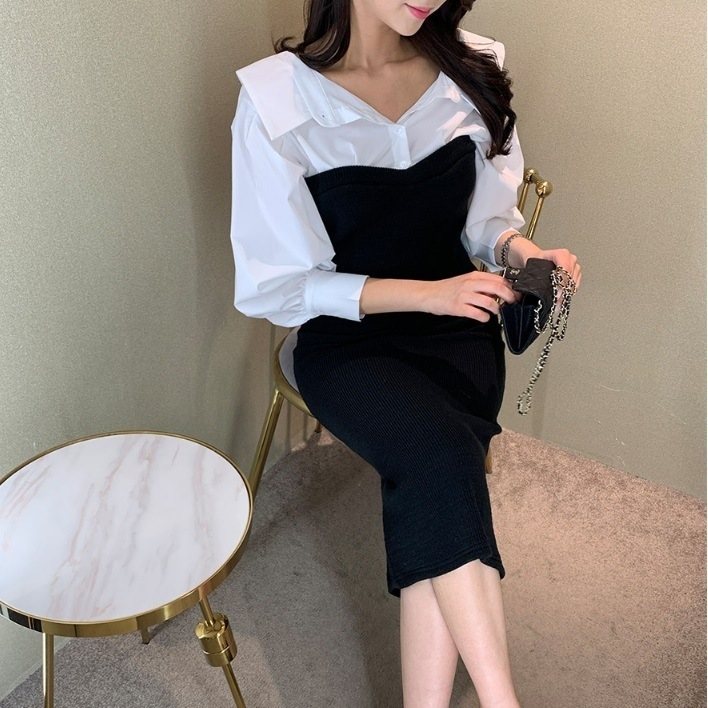 ビスチェワンピース ドッキング ロングワンピ フェミニン 長袖