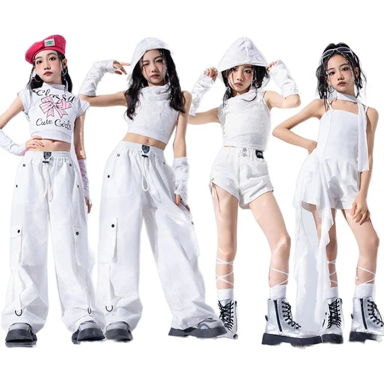 セットアップ 2 日 限定 セール キッズ ダンス 衣装 白 パンツ へそ 出し トップス 女の子 短 カーゴ かっこ