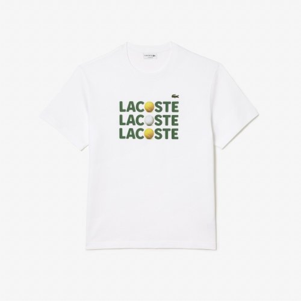 LACOSTE メンズヘビージャージーレタリングボールグラフィック Tシャツ [ホワイト]