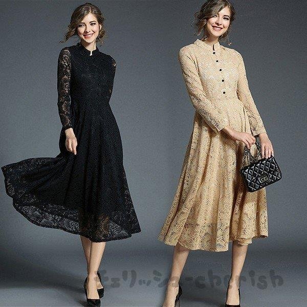 パーティードレス大きいサイズロング丈結婚式40袖あり長袖春フォーマルドレスレースワンピースお呼ばれ二次会披露宴謝会上品おしゃれ着痩せ