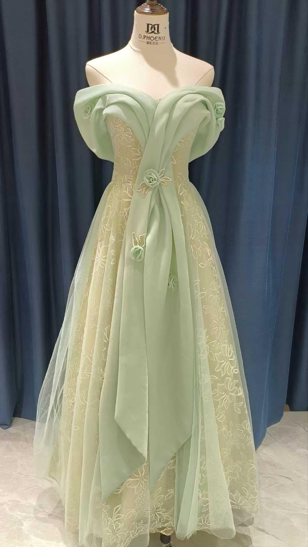 エレガント カラードレス ピスタチオグリーン オフショルダー ロング 贅沢な小花総レース パーティーワンピース