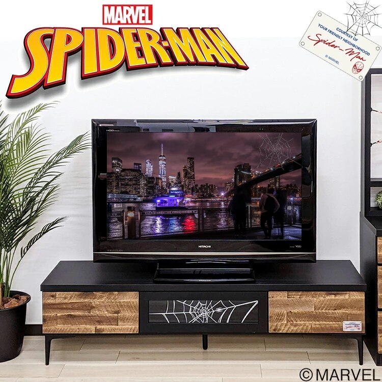 スパイダーマン テレビ台 ローボード オリジナルメッセージプレート付き （ マーベル スパイダーマン グッズ テレビボード 150 ) 【 完成品 収納 木製 無垢 TV台 アカシア ブラック ガラス