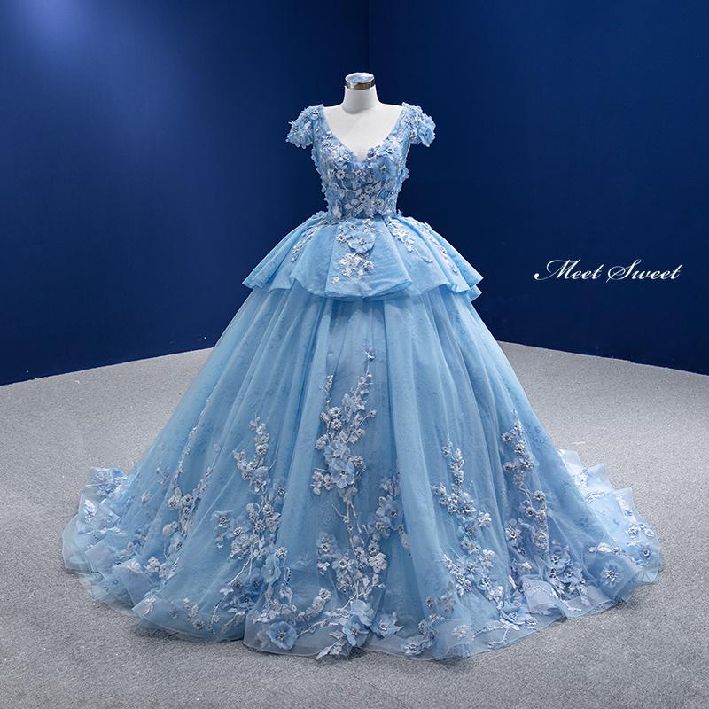 カラードレス プリンセスライン ブルー 半袖 フラワー 編み上げ ロングドレス ウェディングドレス 結婚式 二次会 花嫁 前撮り 演奏会 発表会 ステージ衣装