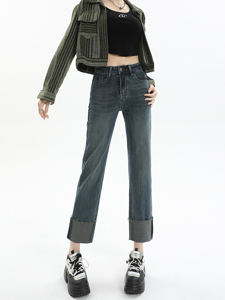 レトロブルーハイウエストハイ＆シン2023初秋新作ストレートジーンズ女性小9点 4,904円