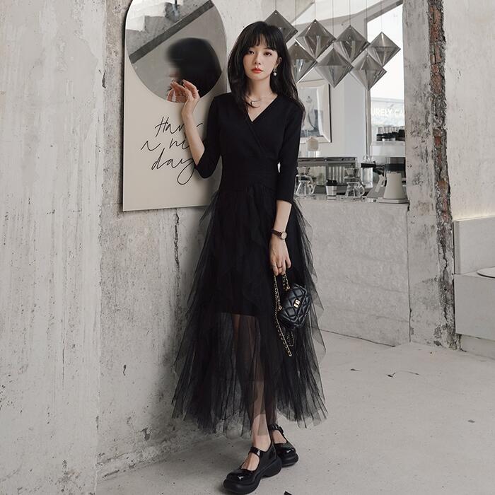 ワンピース ワンピ ドレス フレア ニット チュール オーガンジー レディース エレガント きれいめ カジュアル 大人 可愛い フェミニン 長袖 ミモレ丈 ハイウエスト ティアード オケージョン パー