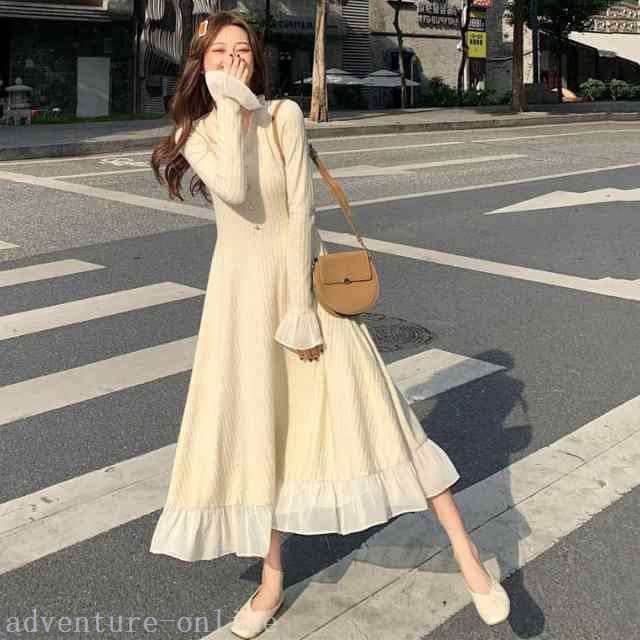 【2025新作入荷】ニットワンピース ロング丈 Vネック 長袖 Aライン レース フェミニン エレガント 秋 冬 春 大きいサイズ ホワイト ベージュ ブラック 白