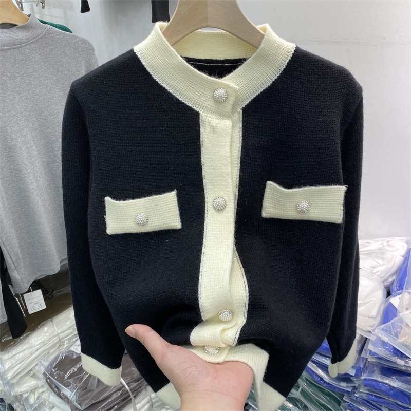 配色ニットカーディガン パールボタン ニットカーディガン カーディガン セーターコート セーターカーディガン レディース お仕事コーデ オフィス デート ４カラー a3899