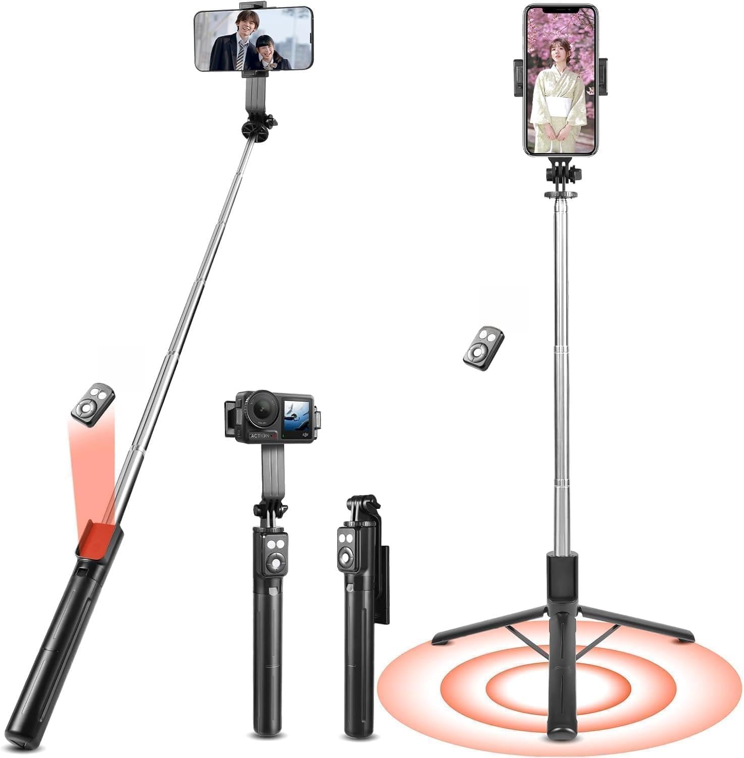 伸縮式自撮り棒に三脚とスマホスタンドを一体化防風設計で最大110cmまで伸長可能Bluetooth接続による遅延なし撮影と360度自由調整に対応し写真や動画ライブ配信など多用途で使用できます