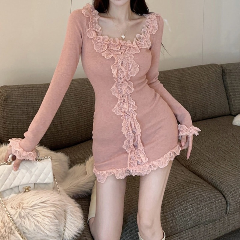 【1つ買うと10つ無料】純粋な欲望甘いレースのレースドレス女性の春と秋スリムフィットの低首のニットヒップスカート