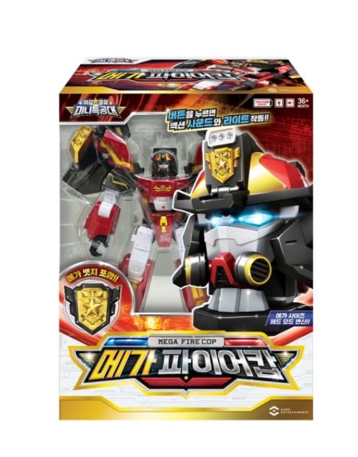 ミニ特攻隊/最強警察/メガファイアカップ/大型サイズ/LED ライト/サウンド/消防隊員/頭に変身/変身ロボット/合体/MEGA FIRE COP