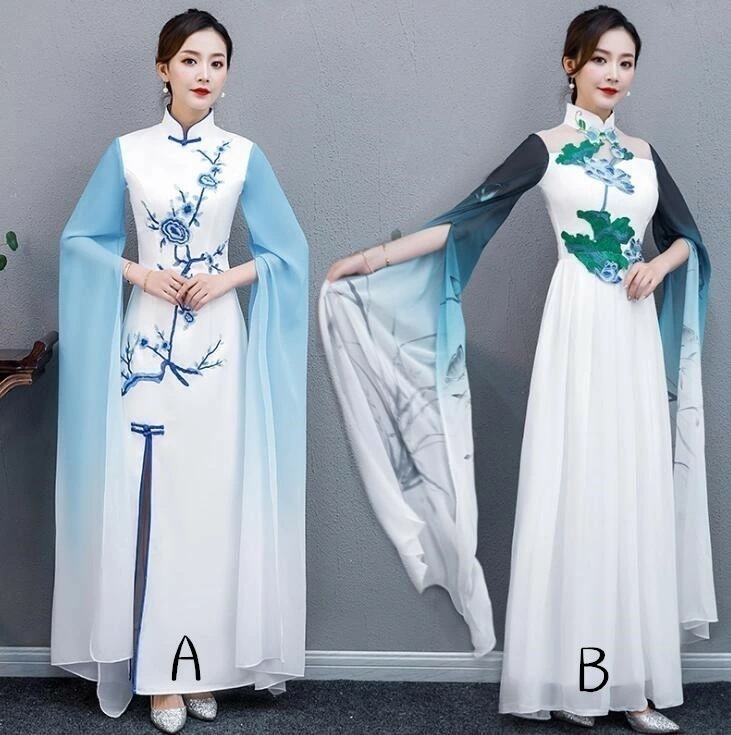 【本日限定】チャイナドレス ロング丈ドレス 中華服 ダンス衣装 中華風演出服 華流舞台衣装 合唱団体服 古典ダンス衣装 傘ダンス 扇子ダンス 楽器演奏衣装 茶道衣装 書道衣装 イベント 文化祭 花柄