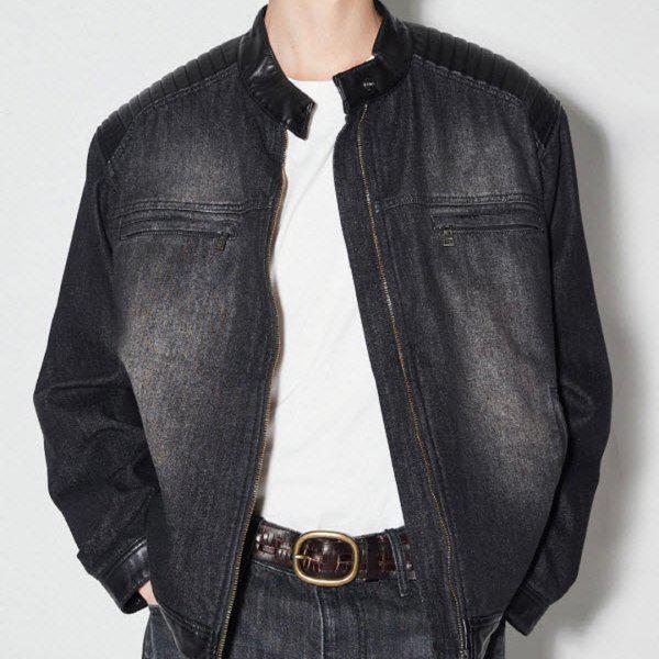 男性[人気]レザーパッチデニムバイカージャケットB255DJ300P_US