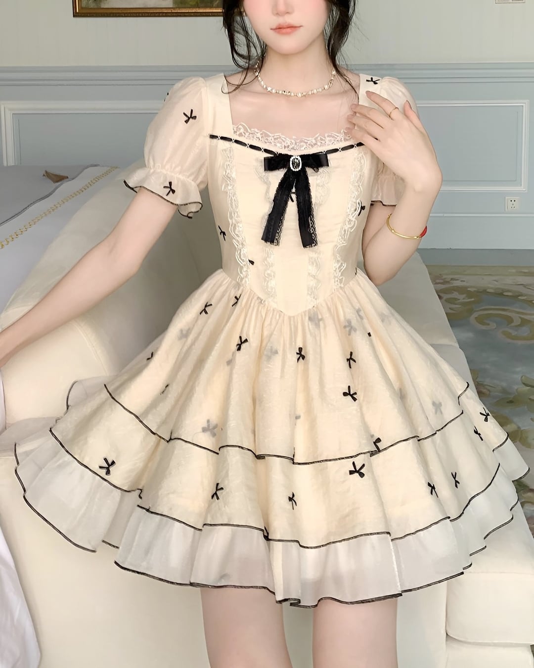 ガーリーブラックリボンワンピース 超かわいい 女の子らしい 蝶ネクタイ シフォン 刺繍 レース ドレス プリンセスドレス 2024 新着 夏
