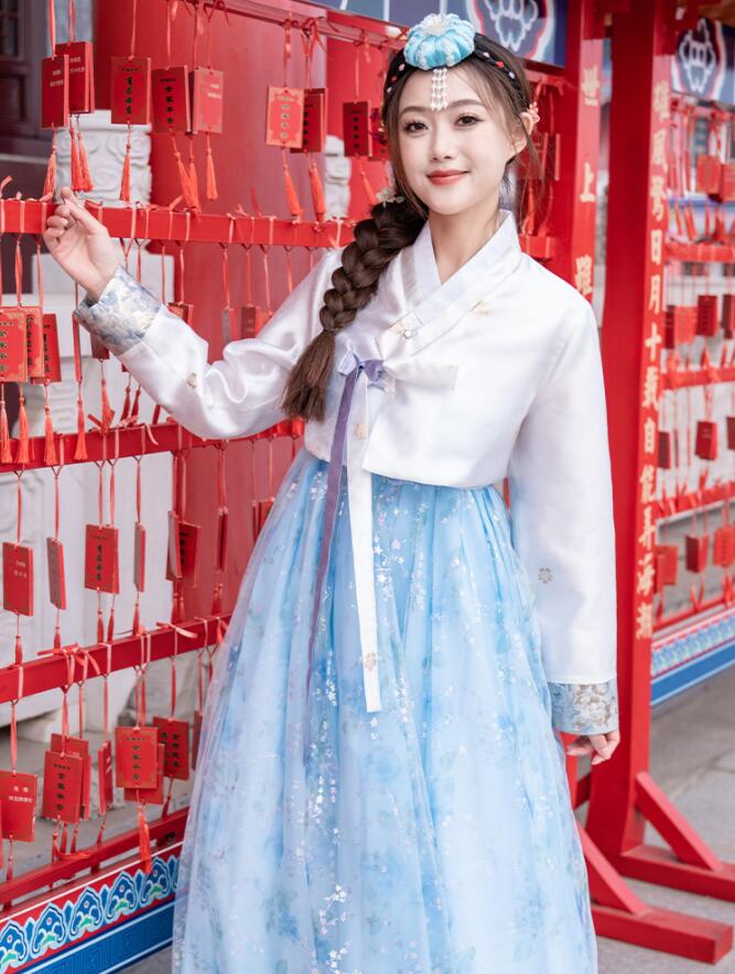 女性 大人 チマチョゴリ レディース 韓服 韓国服 ロング 韓流チュールドレス 精巧なプリント花柄 韓国宮廷風衣装 コスプレ イベント ハロウィン コスプレ衣装 韓服 学園祭 文化祭 撮影衣装 ブルー