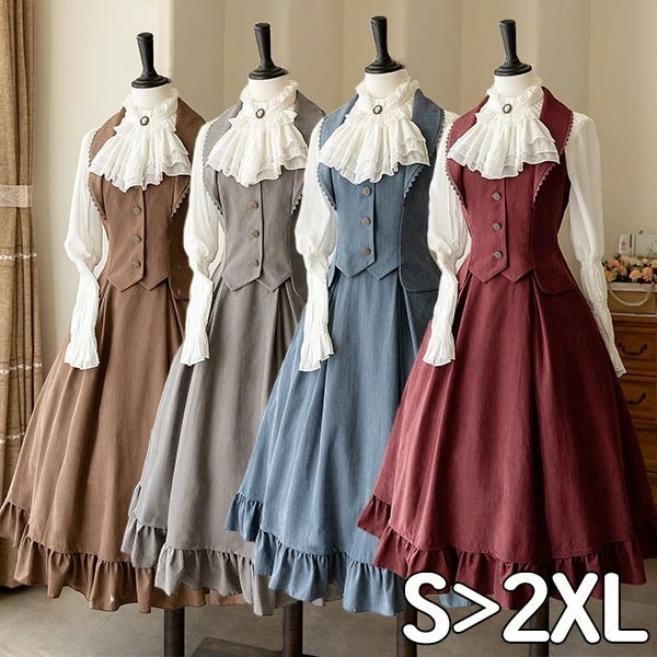 【品質良い 大好評中】ロリータ スカート ベスト シャツ レディース ロング イギリス風 lolita エレガント クラシック フレアスカート 可愛い 大人 ハイウエスト レッド ブルー ブラウン グ