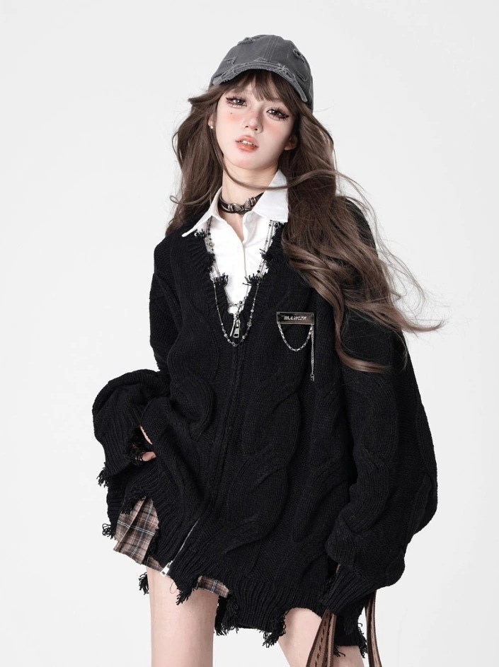 2024 秋冬ニット カーディガン ダメージ加工 クラッシュ加工 ケーブル編み ダブルジップ プレート チェーン ルーズ 長袖 レトロ