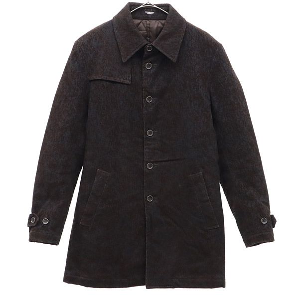 フロッキープリント ステンカラーコート L ブルー×ブラウン 裏キルティング 中綿 メンズ