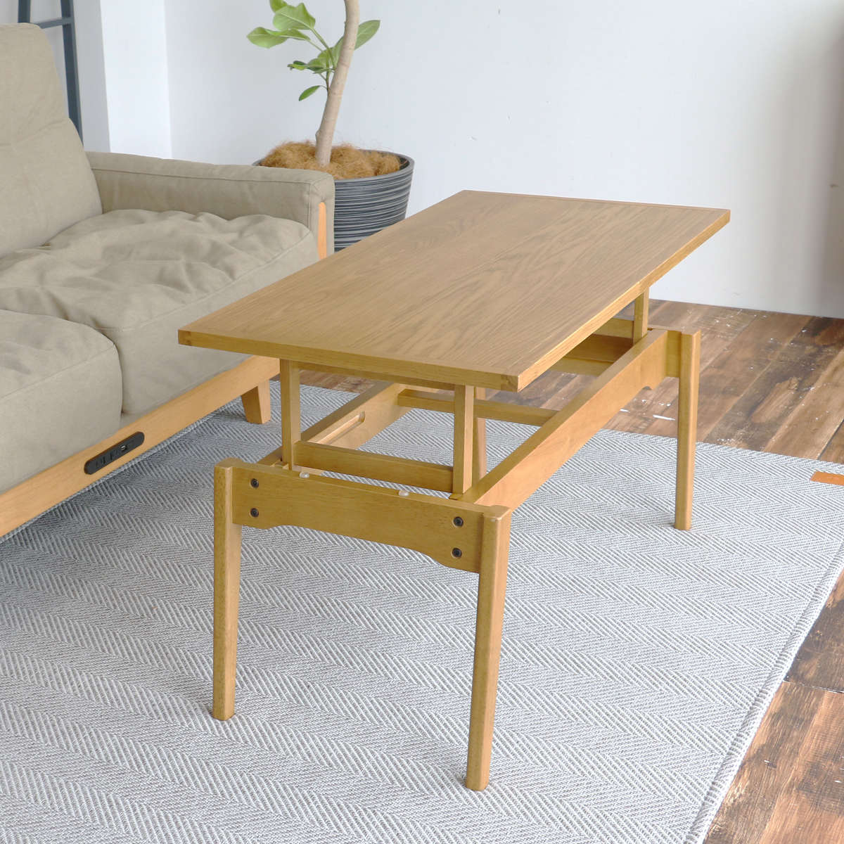 センターテーブル 高さ2段階 37.5cm 55cm ソフトヴィンテージ風 Rasic リビングテーブル ローテーブル ハイ テーブル 木製 天然木 長方形 コンパクト 高さ調節
