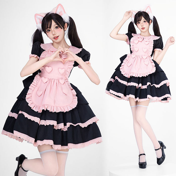 ロリータドレス ウェイトレス 可愛い 猫ちゃん ロリータ ワンピース レディース メイド服 お姫様 半袖 コスプレ衣装 Lolita服 エプロン ハロウイン コスチューム プリンセス ゴスロリ 仮装