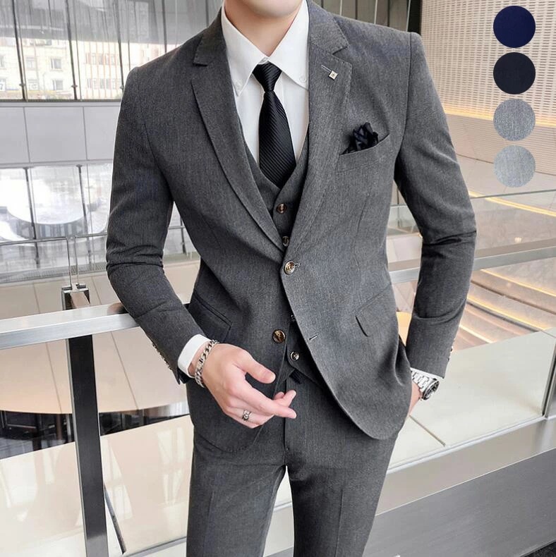 スリーピース メンズ シングルスーツ 細身 男性 セットアップ ビジネススーツ 通勤 フォーマルスーツ 上下セット 無地 紳士服 披露宴 結婚式スーツ パーティー 忘年会 カジュアルスーツ スリムスー