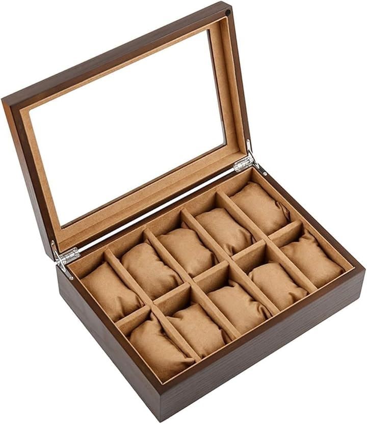 高級 木製 腕時計 収納 ボックス 10本用 ケース ディスプレイ 透明ガラス クッション付き N-J83-T(ブラウン)