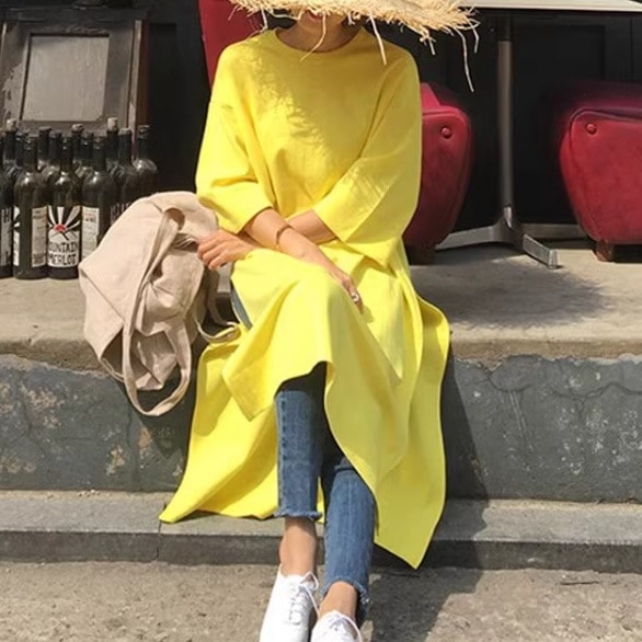 レディース トップス Tシャツ ロング丈 7分袖 ラグラン 袖あり ラウンドネック 襟なし スリット サイドスリット ボタン 綿 かわいい 大人可愛い シンプル カジュアル おしゃれ レトロ こなれ感