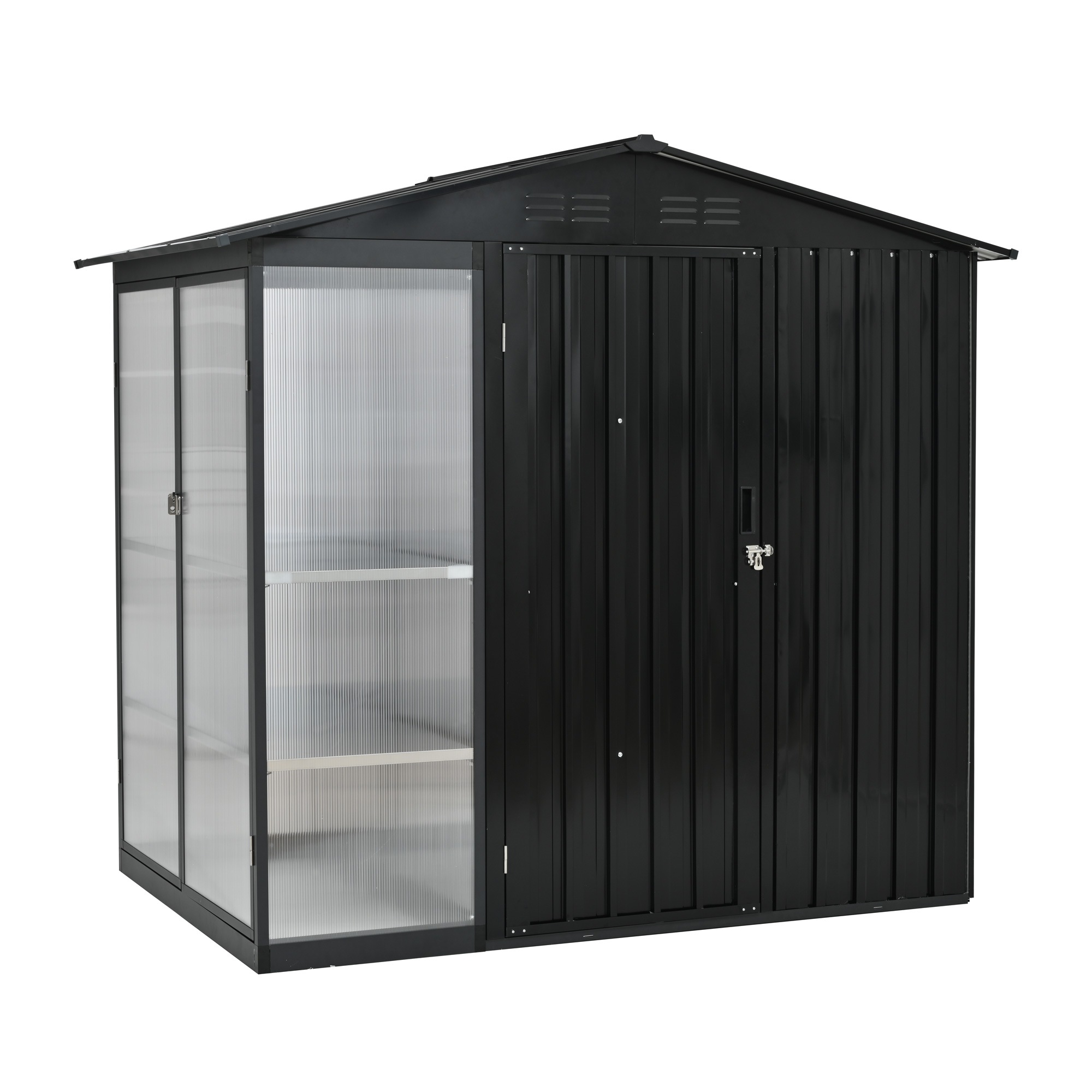 【国内へ発送&送·料·無·料】126【温室付き】物置 屋外 スチール 可動棚 倉庫 戸外収納庫 W180*D121*H180cm 物置き おしゃれ 大型 収納庫 屋外物置 防さび ベランダ 防水 ドア