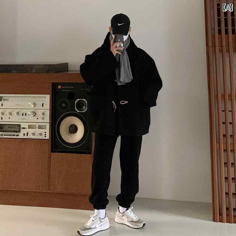 ダッフルコート メンズ アウター カジュアル おしゃれ 大きめサイズ フード トグルボタン ウール ショート 厚手 秋冬 韓国 黒 ブルー