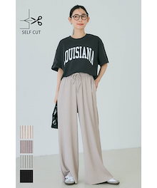 リブパンツ 無地 ハイウエスト リブ ウエストゴム ワイド/ルーズ ロングパンツ [4カラー]
