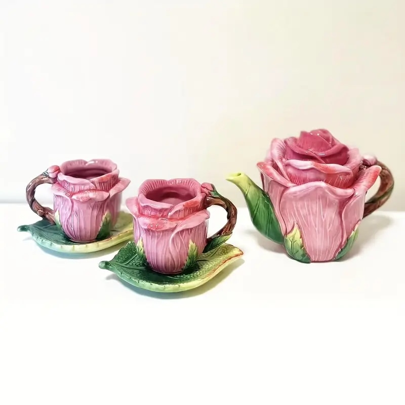 セラミックローズティーポットセット手描きの3Dバラ赤い花カップ＆緑葉ソーサー5点セットティーポット：260ml/8.7ozマグ：100ml/3.3oz