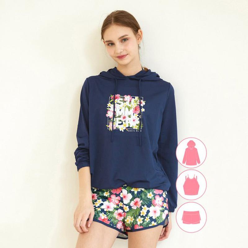 女性らしいルーズフィットフード付きスパラッシュガードビーチウェアセット BEL W201N_P338174462