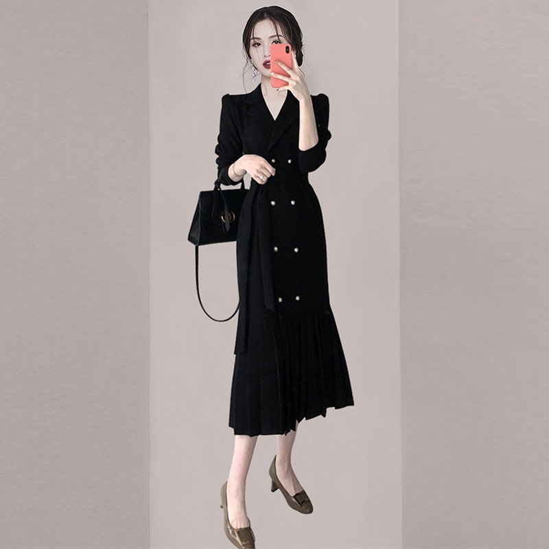 個性的 ワンピース スーツ ミモレ丈 袖あり 長袖 Vネック 襟付き マーメイド 切り替えデザイン スマート プリーツ スリット 薄手 きれいめ 大人 上品 おしゃれ かっこいい レトロ 大人女子