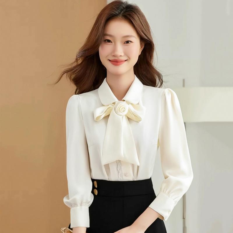 シャツ ブラウス ボウタイ 長袖 春秋 フェミニン エレガント 上品 アーバン ノーブル オフィス ビジネス 学校行事 万能コーデ レディース マザー 婦人服