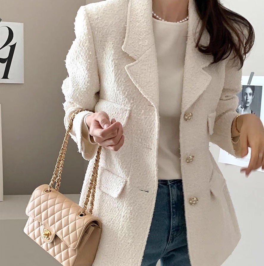 ツイードジャケット ツイード ジャケット 高見えジャケット 白 ホワイト 黒 ブラック 高見え ジャケット オルチャン 韓国 レディース フロントボタン きれいめジャケット きちんとジャケット