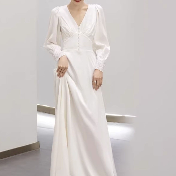 ドレス 衣装 ウエディングドレス イブニングドレス ロングドレス 長袖 Vネック ウエストマーク 背中開き 刺繡 シースルー セミフレア ステージドレス 発表会 かわいい 大人可愛い きれいめ