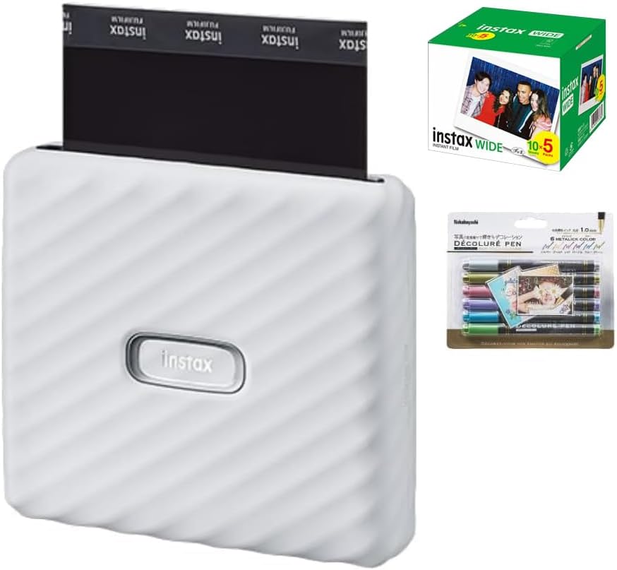 チェキ instax Link WIDE (アッシュホワイト) ワイド用フィルム50枚 デコペン付 3点セット