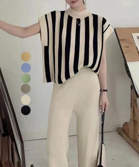 サマーニット上下セット 半袖ストライプニット フレンチスリーブトップス ニットワイドパンツ 上下2点セットオフィスカジュアル大きいサイズ レディース 秋冬 下着 ボトムス ストレート スキニー ショー